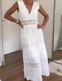 Women's Maxi Dress White Dress Lace Dress Boho Dress Streetwear Beach Regular Fit Solid Color V Neck White Summer