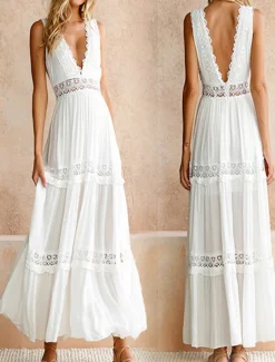 Women's Maxi Dress White Dress Lace Dress Boho Dress Streetwear Beach Regular Fit Solid Color V Neck White Summer