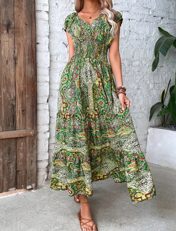 Women's Maxi long Dress Casual Dress Swing Dress Summer Dress Boho Dress Bohemia Fashion Casual Outdoor Vacation Daily Loose Fit Floral Paisley Tribal Short Sleeve V Neck ArmyGreen Red Orange Green