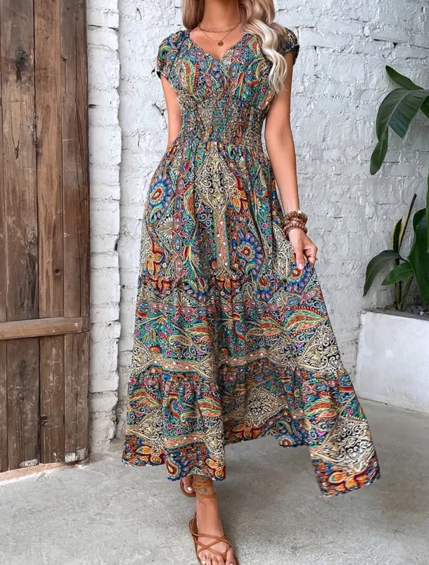 Women's Maxi long Dress Casual Dress Swing Dress Summer Dress Boho Dress Bohemia Fashion Casual Outdoor Vacation Daily Loose Fit Floral Paisley Tribal Short Sleeve V Neck ArmyGreen Red Orange Green