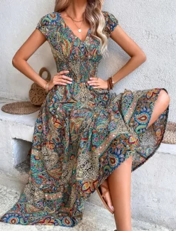 Women's Maxi long Dress Casual Dress Swing Dress Summer Dress Boho Dress Bohemia Fashion Casual Outdoor Vacation Daily Loose Fit Floral Paisley Tribal Short Sleeve V Neck ArmyGreen Red Orange Green