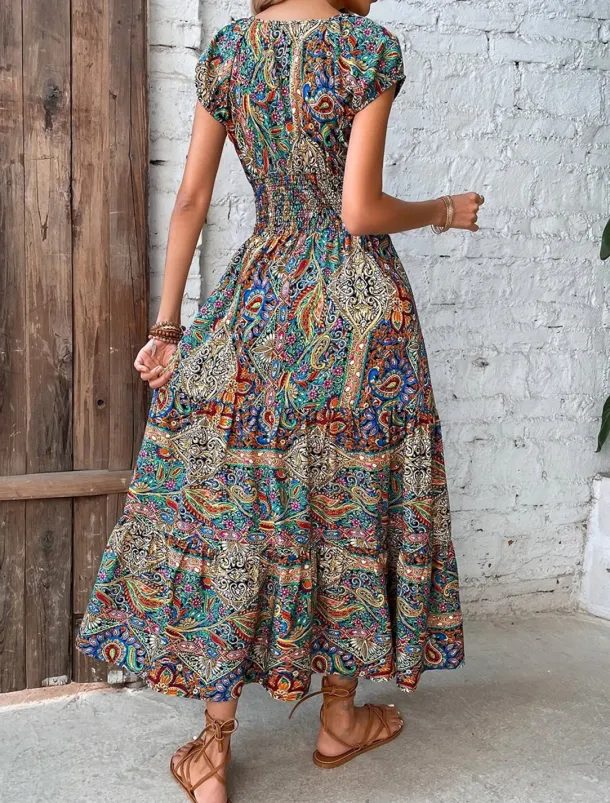 Women's Maxi long Dress Casual Dress Swing Dress Summer Dress Boho Dress Bohemia Fashion Casual Outdoor Vacation Daily Loose Fit Floral Paisley Tribal Short Sleeve V Neck ArmyGreen Red Orange Green