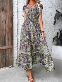 Women's Maxi long Dress Casual Dress Swing Dress Summer Dress Boho Dress Bohemia Fashion Casual Outdoor Vacation Daily Loose Fit Floral Paisley Tribal Short Sleeve V Neck ArmyGreen Red Orange Green