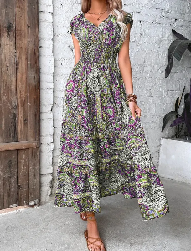 Women's Maxi long Dress Casual Dress Swing Dress Summer Dress Boho Dress Bohemia Fashion Casual Outdoor Vacation Daily Loose Fit Floral Paisley Tribal Short Sleeve V Neck ArmyGreen Red Orange Green