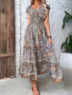Women's Maxi long Dress Casual Dress Swing Dress Summer Dress Boho Dress Bohemia Fashion Casual Outdoor Vacation Daily Loose Fit Floral Paisley Tribal Short Sleeve V Neck ArmyGreen Red Orange Green