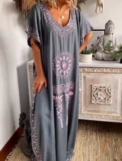 Women's Maxi long Dress Long Dress Maxi Dress Casual Dress T Shirt Dress Tee Dress Boho Dress Print Dress Fashion Bohemian Casual Outdoor Vacation Daily Loose Fit Floral Short Sleeve V Neck Sky Blue