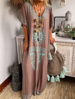 Women's Maxi long Dress Long Dress Maxi Dress Casual Dress T Shirt Dress Tee Dress Boho Dress Print Dress Fashion Bohemian Casual Outdoor Vacation Daily Loose Fit Floral Short Sleeve V Neck Sky Blue