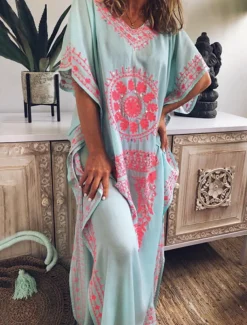 Women's Maxi long Dress Long Dress Maxi Dress Casual Dress T Shirt Dress Tee Dress Boho Dress Print Dress Fashion Bohemian Casual Outdoor Vacation Daily Loose Fit Floral Short Sleeve V Neck Sky Blue