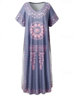 Women's Maxi long Dress Long Dress Maxi Dress Casual Dress T Shirt Dress Tee Dress Boho Dress Print Dress Fashion Bohemian Casual Outdoor Vacation Daily Loose Fit Floral Short Sleeve V Neck Sky Blue