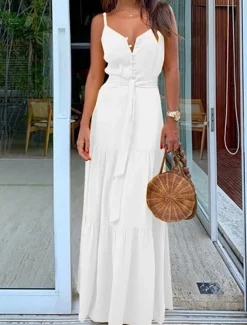 Women's Maxi long Dress Maxi Dress White Dress Graduation Dress Summer Dress Elegant Modern Wedding Party Daily Slim Pure Color Sleeveless Spaghetti Strap White Yellow Red Blue Summer Spring