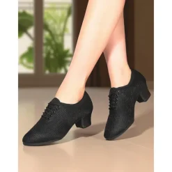 Women's Mesh Lace-Up Ballroom Dance Shoes with Low Heel, Breathable Professional Practice Footwear for Latin and Waltz Performance
