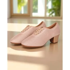 Women's Mesh Lace-Up Ballroom Dance Shoes with Low Heel, Breathable Professional Practice Footwear for Latin and Waltz Performance