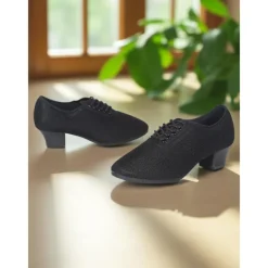 Women's Mesh Lace-Up Ballroom Dance Shoes with Low Heel, Breathable Professional Practice Footwear for Latin and Waltz Performance