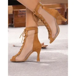 Women's Mesh Lace-Up Peep-Toe Heeled Latin Dance Shoes with Soft Suede Sole – Breathable Transparent Panel Design with Stiletto Heel, Ideal for Salsa, Tango, and Latin Dance