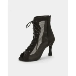 Women's Mesh Lace-Up Peep-Toe Heeled Latin Dance Shoes with Soft Suede Sole – Breathable Transparent Panel Design with Stiletto Heel, Ideal for Salsa, Tango, and Latin Dance