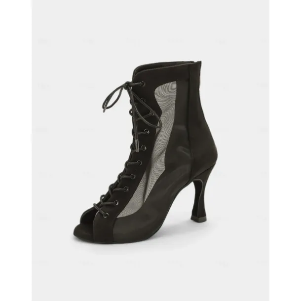 Women's Mesh Lace-Up Peep-Toe Heeled Latin Dance Shoes with Soft Suede Sole – Breathable Transparent Panel Design with Stiletto Heel, Ideal for Salsa, Tango, and Latin Dance