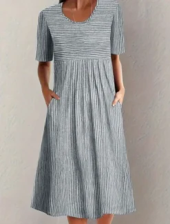 Women's Midi Dress A Line Dress Summer Dress Vacation Casual Daily Holiday Loose Fit Graphic Geometric Striped Half Sleeve Crew Neck Blue Gray Summer