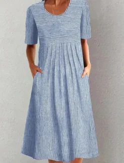 Women's Midi Dress A Line Dress Summer Dress Vacation Casual Daily Holiday Loose Fit Graphic Geometric Striped Half Sleeve Crew Neck Blue Gray Summer