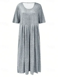 Women's Midi Dress A Line Dress Summer Dress Vacation Casual Daily Holiday Loose Fit Graphic Geometric Striped Half Sleeve Crew Neck Blue Gray Summer