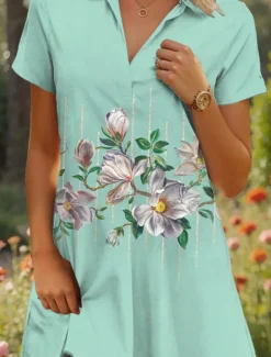 Women's Midi Dress A Line Dress Summer Dress Vacation Casual Beach Date Summer Dress Regular Fit Floral Graphic Short Sleeve Lapel Pink Blue Green Summer