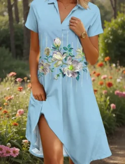 Women's Midi Dress A Line Dress Summer Dress Vacation Casual Beach Date Summer Dress Regular Fit Floral Graphic Short Sleeve Lapel Pink Blue Green Summer