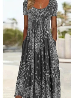 Women's Midi Dress A Line Dress Summer Dress Casual Daily Regular Fit Paisley Short Sleeve Square Neck Pink Red Blue Gray Summer