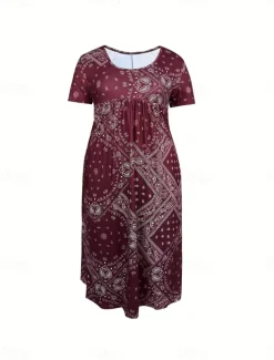 Women's Midi Dress A Line Dress Summer Dress Casual Daily Regular Fit Paisley Short Sleeve Square Neck Pink Red Blue Gray Summer