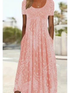 Women's Midi Dress A Line Dress Summer Dress Casual Daily Regular Fit Paisley Short Sleeve Square Neck Pink Red Blue Gray Summer