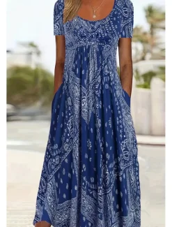 Women's Midi Dress A Line Dress Summer Dress Casual Daily Regular Fit Paisley Short Sleeve Square Neck Pink Red Blue Gray Summer