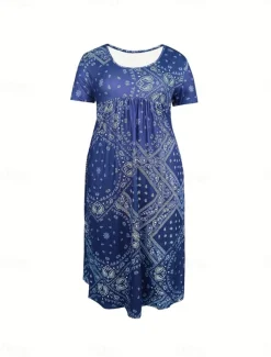 Women's Midi Dress A Line Dress Summer Dress Casual Daily Regular Fit Paisley Short Sleeve Square Neck Pink Red Blue Gray Summer