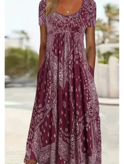 Women's Midi Dress A Line Dress Summer Dress Casual Daily Regular Fit Paisley Short Sleeve Square Neck Pink Red Blue Gray Summer