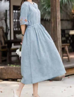 Women's Midi Dress A Line Dress Casual Daily Loose Fit Floral 3/4 Length Sleeve V Neck White Blue Orange Summer