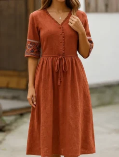 Women's Midi Dress A Line Dress Casual Daily Loose Fit Floral 3/4 Length Sleeve V Neck White Blue Orange Summer