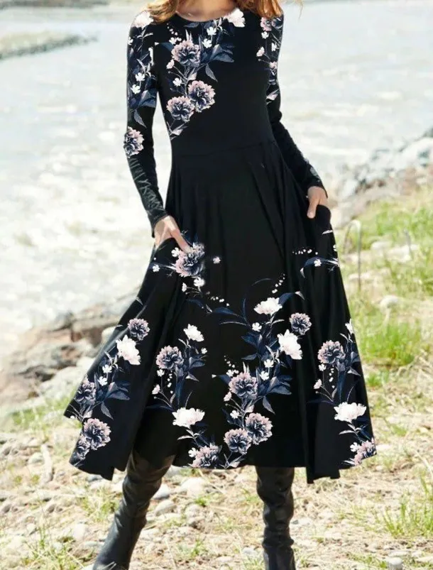 Women's Midi Dress A Line Dress Casual Dress Winter Dress Swing Dress Fashion Streetwear Mature Formal Outdoor Vacation Regular Fit Floral Long Sleeve Crew Neck Black Navy Blue Royal Blue Blue Spring