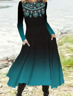 Women's Midi Dress A Line Dress Casual Dress Winter Dress Swing Dress Fashion Streetwear Mature Formal Outdoor Vacation Regular Fit Floral Long Sleeve Crew Neck Black Navy Blue Royal Blue Blue Spring