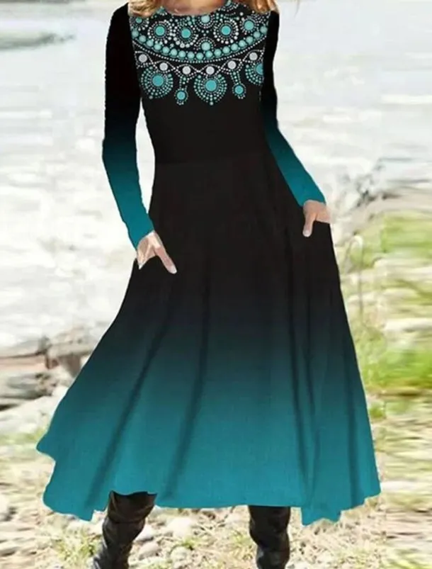 Women's Midi Dress A Line Dress Casual Dress Winter Dress Swing Dress Fashion Streetwear Mature Formal Outdoor Vacation Regular Fit Floral Long Sleeve Crew Neck Black Navy Blue Royal Blue Blue Spring