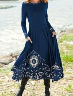 Women's Midi Dress A Line Dress Casual Dress Winter Dress Swing Dress Fashion Streetwear Mature Formal Outdoor Vacation Regular Fit Floral Long Sleeve Crew Neck Black Navy Blue Royal Blue Blue Spring