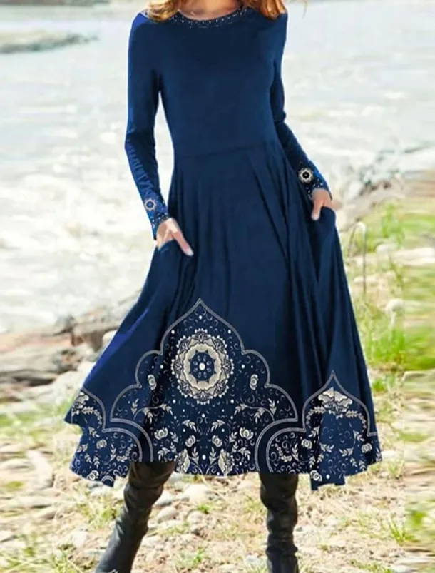 Women's Midi Dress A Line Dress Casual Dress Winter Dress Swing Dress Fashion Streetwear Mature Formal Outdoor Vacation Regular Fit Floral Long Sleeve Crew Neck Black Navy Blue Royal Blue Blue Spring