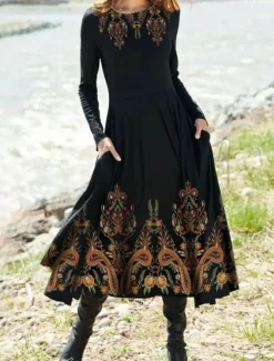 Women's Midi Dress A Line Dress Casual Dress Winter Dress Swing Dress Fashion Streetwear Mature Formal Outdoor Vacation Regular Fit Floral Long Sleeve Crew Neck Black Navy Blue Royal Blue Blue Spring