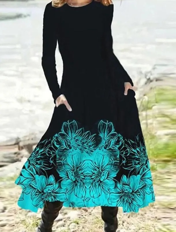 Women's Midi Dress A Line Dress Casual Dress Winter Dress Swing Dress Fashion Streetwear Mature Formal Outdoor Vacation Regular Fit Floral Long Sleeve Crew Neck Black Navy Blue Royal Blue Blue Spring