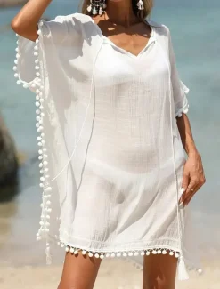 Women's Midi Dress Beach Dress Tropical Stylish Daily Date Loose Fit Plain Short Sleeve Crew Neck White Summer