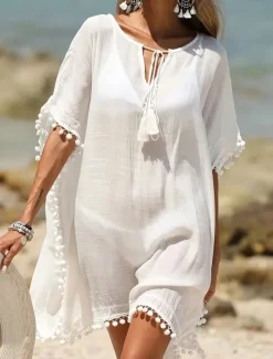 Women's Midi Dress Beach Dress Tropical Stylish Daily Date Loose Fit Plain Short Sleeve Crew Neck White Summer