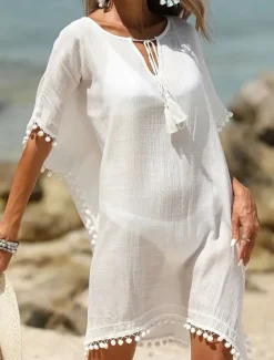 Women's Midi Dress Beach Dress Tropical Stylish Daily Date Loose Fit Plain Short Sleeve Crew Neck White Summer