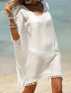 Women's Midi Dress Beach Dress Tropical Stylish Daily Date Loose Fit Plain Short Sleeve Crew Neck White Summer