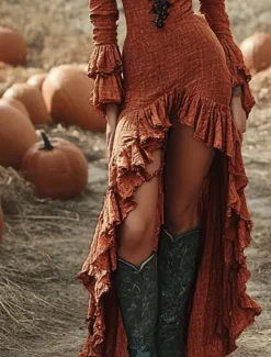 Women's Midi Dress Boho Dress Western Dress Fashion Modern Outdoor Holiday Going out Regular Fit Plain Long Sleeve V Neck Maroon Summer