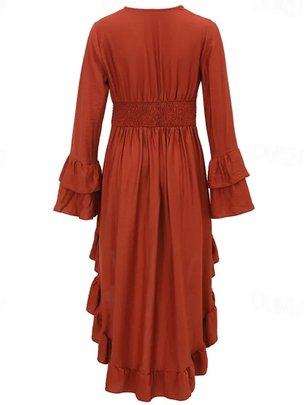 Women's Midi Dress Boho Dress Western Dress Fashion Modern Outdoor Holiday Going out Regular Fit Plain Long Sleeve V Neck Maroon Summer