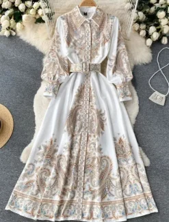 Women's Midi Dress Boho Dress Fashion Holiday Going out Weekend Regular Fit Flower Long Sleeve Shirt Collar Black Blue Apricot Summer