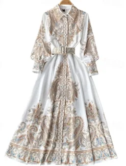 Women's Midi Dress Boho Dress Fashion Holiday Going out Weekend Regular Fit Flower Long Sleeve Shirt Collar Black Blue Apricot Summer