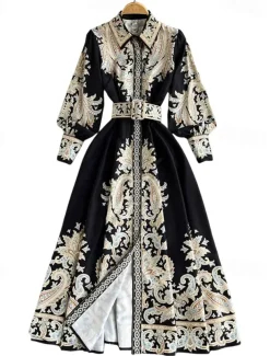 Women's Midi Dress Boho Dress Fashion Holiday Going out Weekend Regular Fit Flower Long Sleeve Shirt Collar Black Blue Apricot Summer