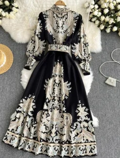 Women's Midi Dress Boho Dress Fashion Holiday Going out Weekend Regular Fit Flower Long Sleeve Shirt Collar Black Blue Apricot Summer